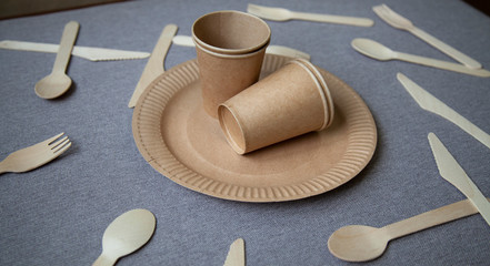 eco paper plate dish fork on old wooden table