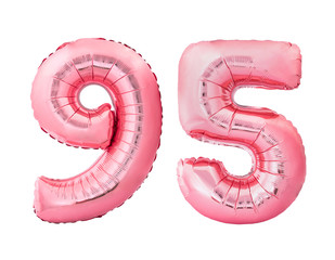 Number 95 ninety five made of rose gold inflatable balloons isolated on white background. Pink...