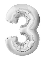Number 3 three made of silver inflatable balloon isolated on white background. Silver helium...