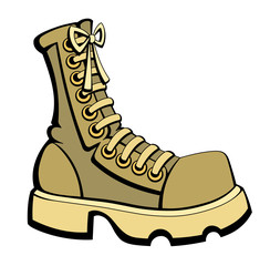 Military boots, construction shoes. Sand color. Cartoon style.