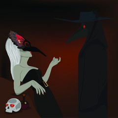 the plague doctor and woman gothic vector illustration in venice mask`s