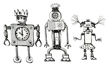 Obraz premium Team of robots. Vintage toys. Ink drawing. 