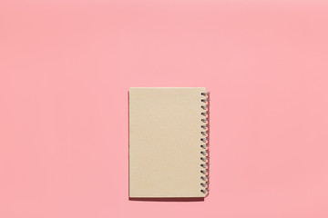 Pale notebook on pink background. Flat lay composition. Feminine workspace