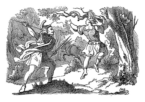 Vintage line drawing or engraving of biblical story of Joab killing Absalom hanging on tree. Bible, Old Testament, 2 Samuel 18. Biblische Geschichte des alten und neuen Testaments, Germany 1859.