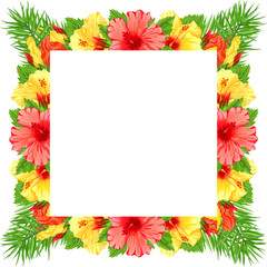 Watercolor frame with red and yellow hibiscus flowers. Hand drawn floral border with tropical flowers and leaves. Wedding invitation, greeting card, design. Tropical wreath.