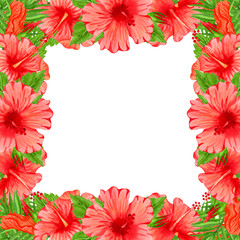 Fototapeta premium Watercolor frame with red hibiscus flowers. Hand drawn floral border with tropical flowers and leaves. Wedding invitation, greeting card, design. Tropical wreath.