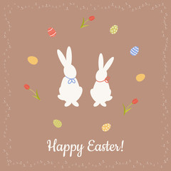 Postcard pattern with pair of cute bunnies or rabbits, circle frame with decorated eggs and tulips and inscription Happy Easter. Hand-drawn. Flat holiday vector illustrations
