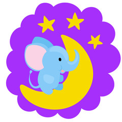 Bright blue baby boy elephant sitting on a moon with shiny stars. 