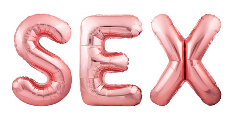 Word sex made of rose gold inflatable balloon isolated on white background. Creative sex concept