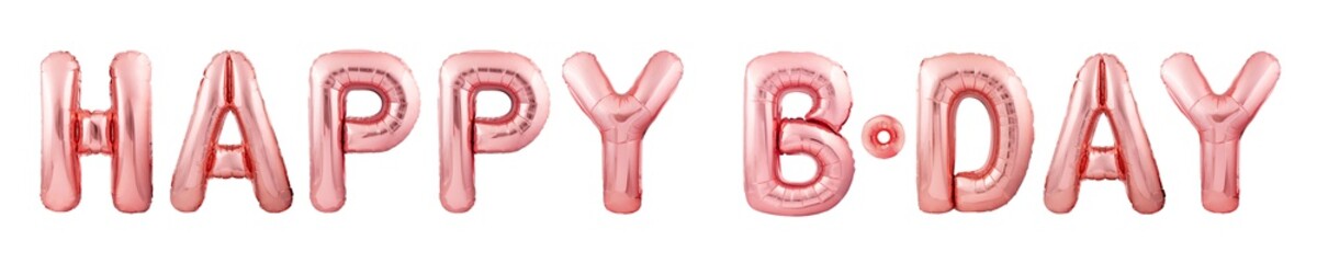 Letters HAPPY B-DAY made of rose gold inflatable balloons isolated on white background. Party...