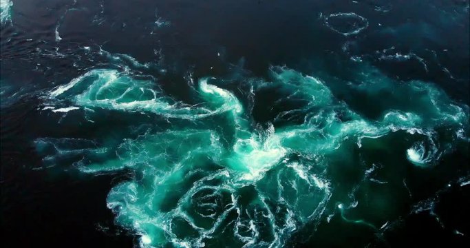 4K Saltstraumen current tide vortex. Bird's eye view drone footage