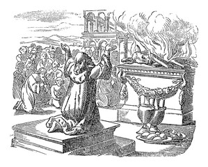 Naklejka premium Vintage line drawing or engraving of biblical story of king Solomon praying and sacrificing to God after finished the temple. Bible, Old Testament, 2 Chronicles 7. Biblische Geschichte , Germany 1859.