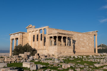 Parthenon Temple in Acropolis of Athens, Greece. Golden hour light.