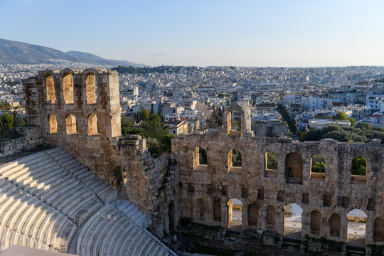 Parthenon Temple in Acropolis of Athens, Greece. Golden hour light.