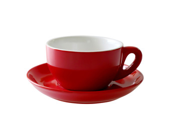Red coffee cup and saucer isolated on white background.
