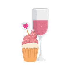 cup champagne with cupcake isolated icon