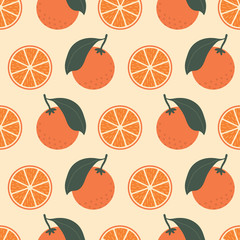 Seamless vector pattern with whole oranges with leaves and orange slices in zigzag lines on a yellow background. Elegant food illustration great for fabric, packaging, home decor, gifts.