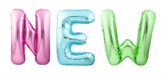 Word NEW made of colorful inflatable balloon letters isolated on white background