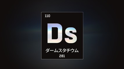 Darmstadtium as Element 110 of the Periodic Table. Seamlessly looping 3D animation on silver illuminated atom design background orbiting electrons name, atomic weight element number in Japanese langua