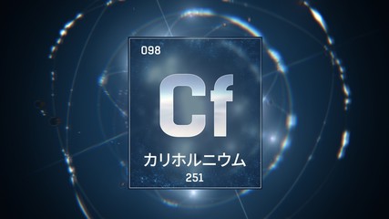 Californium as Element 98 of the Periodic Table. Seamlessly looping 3D animation on blue illuminated atom design background orbiting electrons name, atomic weight element number in Japanese language