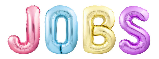 Word jobs made of colorful inflatable balloon letters isolated on white background. Helium balloons...