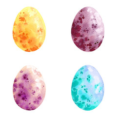 Happy Easter. Watercolor Eggs. Set of hand drawn colored Easter eggs isolated on white background. For greetings card.