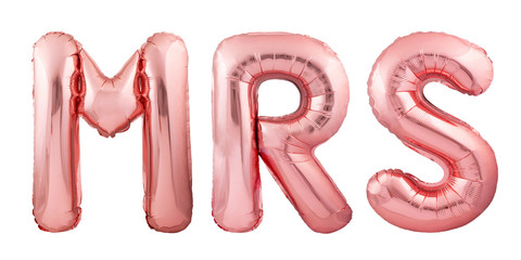 Word MRS made of rose gold inflatable balloon letters isolated on white background. Helium balloons forming word MRS