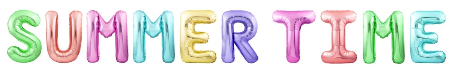 Words summer time made of colorful inflatable balloon letters isolated on white background. Helium...