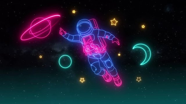 Neon Light Astronaut Planets And Stars Glow On A Space Background. Cosmic Neon Sign, Bright Signboard, Light Banner, Space Logo, Emblem. Seamless Loop