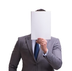 Businessman with blank message board isolated on white