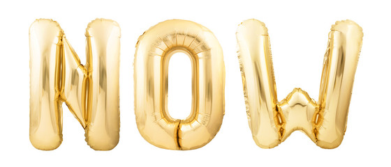 Word NOW made of golden inflatable balloons isolated on white background. Helium balloons forming word NOW. Time concept