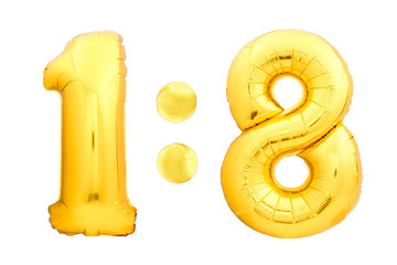 Football score 1:8 numbers one and eight made of golden inflatable balloons isolated on white background. Creative children competition scoreboard template