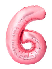 Number 6 six made of rose gold inflatable balloon isolated on white background. Pink helium balloon...