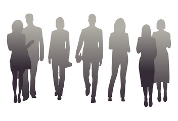  Illustration of silhouettes of men and women. Walking and standing people. Office workers.