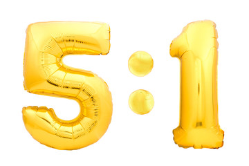Football or hockey score 5:1 numbers five and one made of golden inflatable balloons isolated on white background. Creative children competition scoreboard template