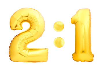Football or hockey score 2:1 numbers two and one made of golden inflatable balloons isolated on white background. Creative children competition scoreboard template