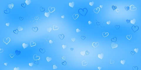 Fototapeta na wymiar Background of small white hand drawn hearts on light blue background. Illustration on Valentine's day