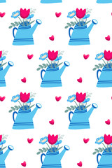 Valentine's Day seamless background flowers bouquet with hearts watering can instead of a vase. Cute ornament