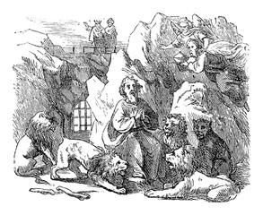 Vintage drawing or engraving of biblical story of prophet Daniel Send in lion's den by king Darius of Babylon. Old Man surrounded by lions. Bible, Old Testament,Daniel 6. Biblische Geschichte - obrazy, fototapety, plakaty