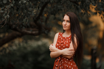 Young girl in retro dress posing in nature.