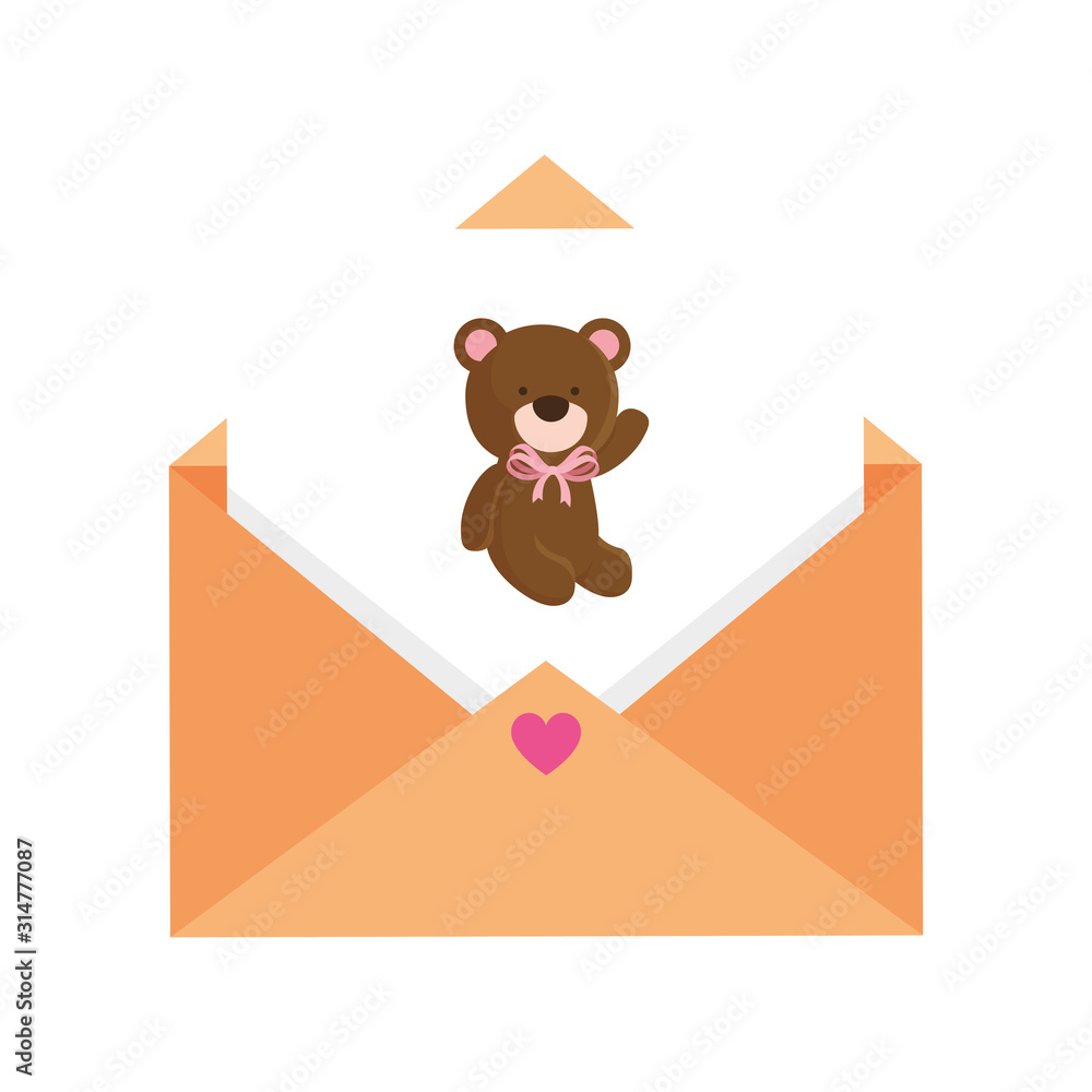 Wall mural envelope and card with cute teddy bear isolated icon