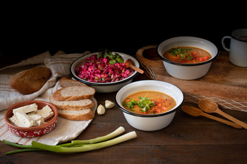East European corn grits soup, beet salad, sheep cheese, mulled wine