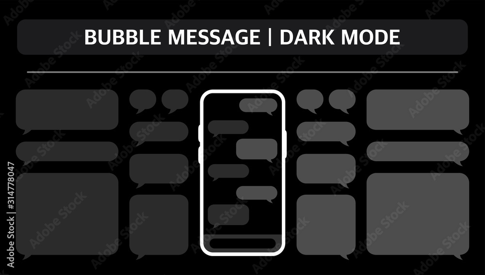 Wall mural bubble message and dark mode on black background. set messages and phone.
