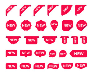 Big set with stickers for new arrival shop product tags, new labels or sale posters and banners vector sticker icons templates on white background. Vector illustration.