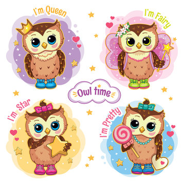 Set cute funny owls with a crown, star, magic wand, candy. Cartoon fabulous images with princess, fairy. Isolated illustration for children’s stickers or print. Postcard for friends or family. Vector.