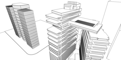 Modern architecture, 3D wireframe architecture, Sketch architectural design.