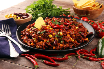 Hot chili con carne. mexican food tasty and spicy wit beans