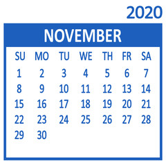 November. Eleventh page of set. Calendar 2020, template. Week starts from Sunday. Vector illustration