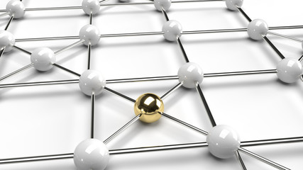 The Abstract design connection design gold and white sphere network structure 3d rendering.