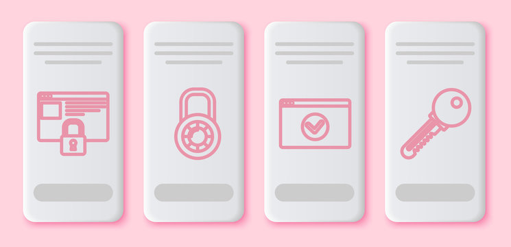 Set line Secure your site with HTTPS, SSL, Safe combination lock wheel , Secure your site with HTTPS, SSL and Key . White rectangle button. Vector